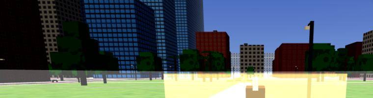 Downtown Meridian City in the middle of the day, towers over an open park