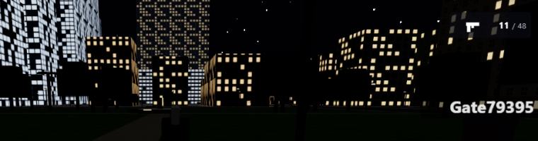 Another player standing under the night skyline with their name above them
